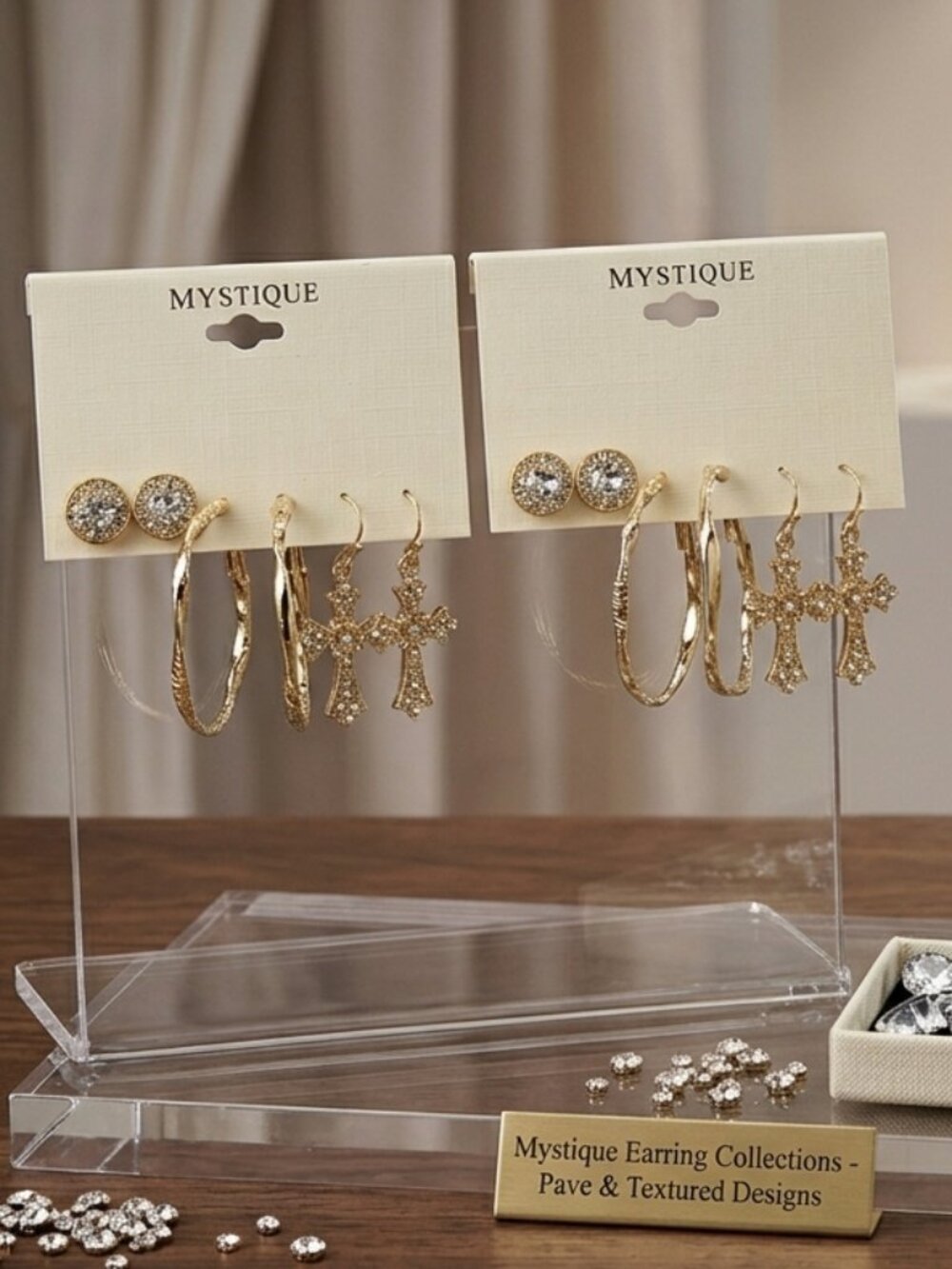 Mystique Gold Tone Earring Sets - Bundle of 2 Cards (6 Pairs Total)